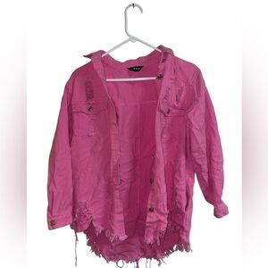 Hot Pink Distressed Oversized Button Down Denim Shirt/ Jacket (Shacket)💕